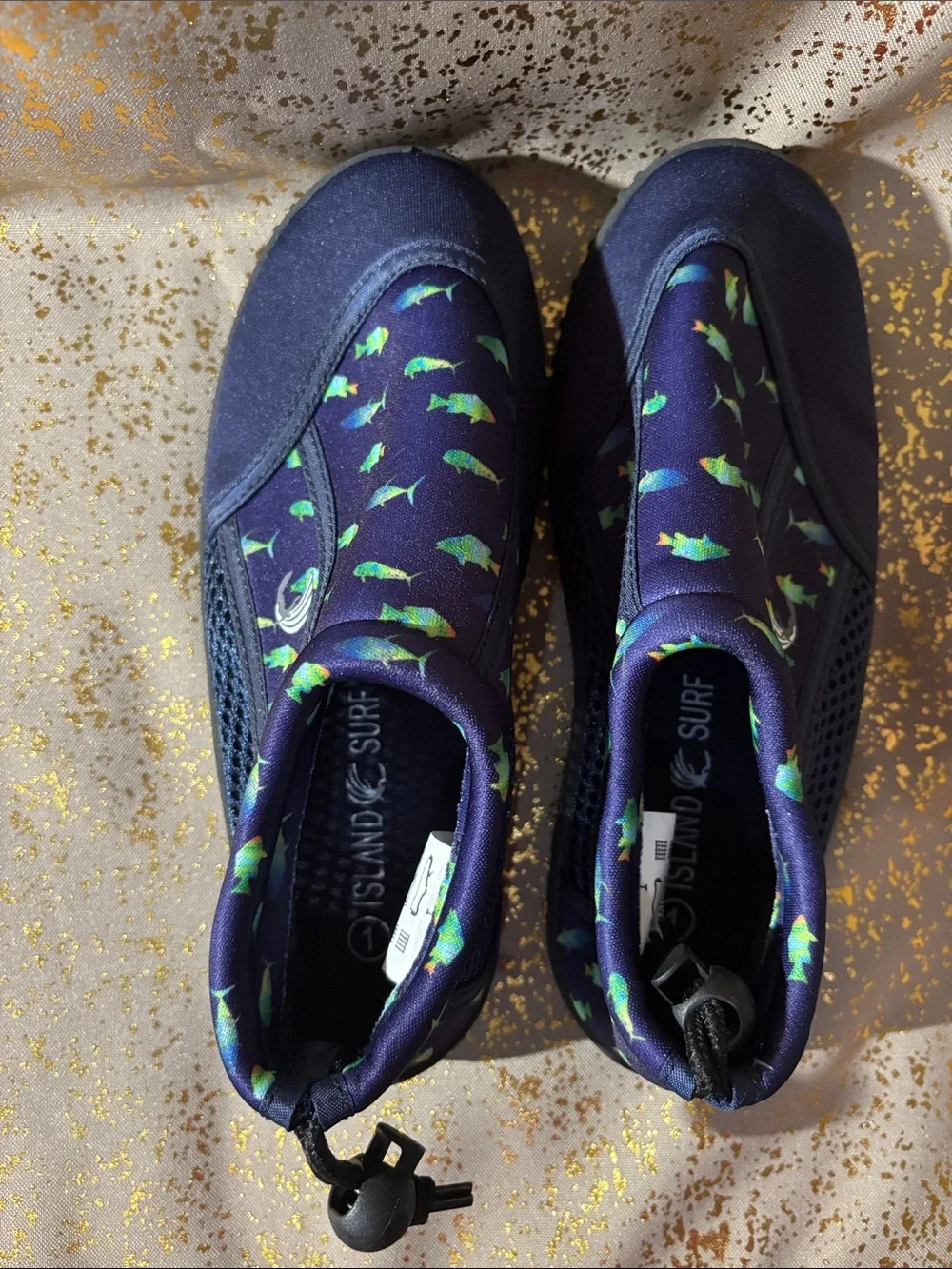 Kids Navy Water Shoes with Green Fish Print - Slip-On Aqua Socks